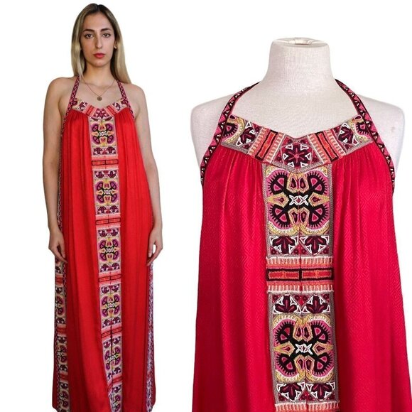 Calypso St Barth Dalbi Dress Womens Sz S Red Beaded Embroidered Tassel Boho Maxi - Picture 1 of 12